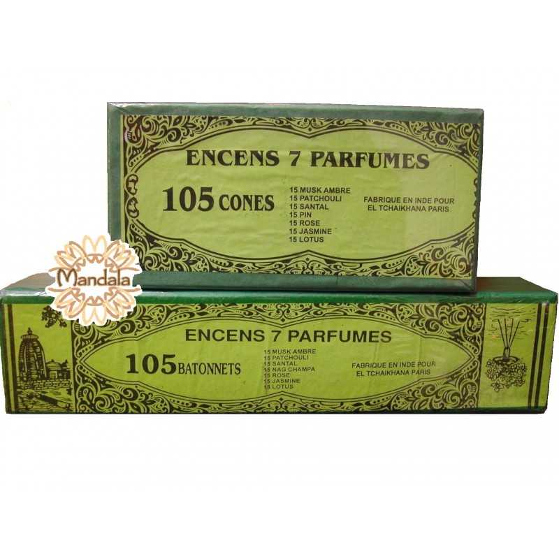 Lot Encens Indien 105 bâtonnets + 105 Cônes - 7 Parfums